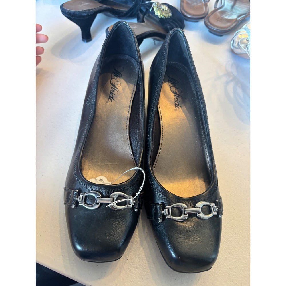 y2k Black Wedge Pumps Square Toe Horsebit Lifestride Low Heel Professional Shoe